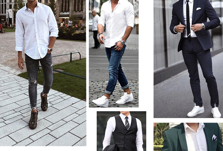 białe buty i czarne spodnie w stylizacjach meśkie