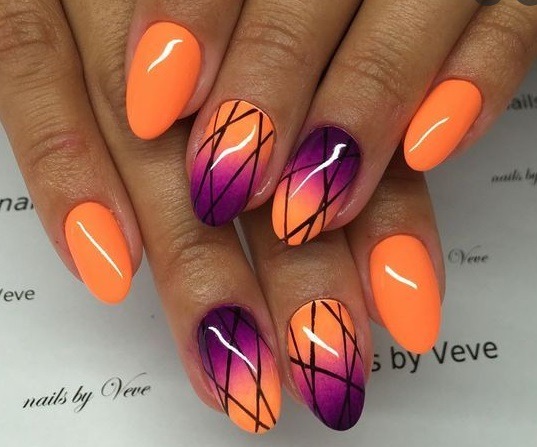 pomarańczowe paznokcie z fioletowym