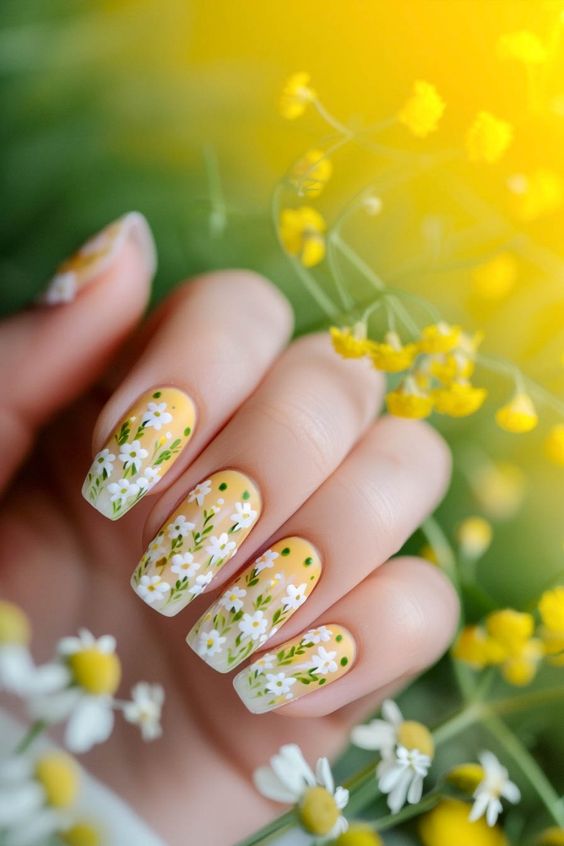 żółte paznokcie hybrydowe na wiosnę z kwiatkami