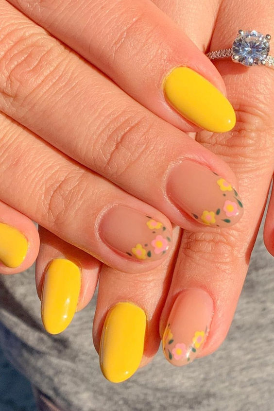 żółte paznokcie z wzorkami hybrydowe na wiosnę